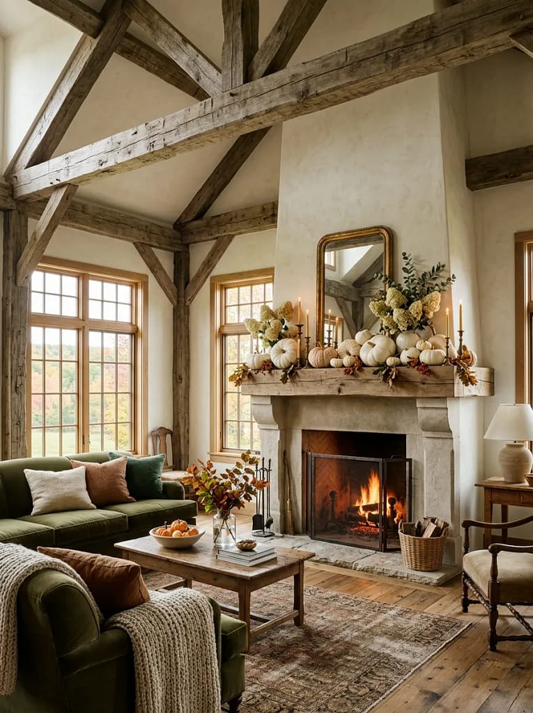 21 Farmhouse Fall Living Room Ideas Full of Warmth 6 White Pumpkin Mantel