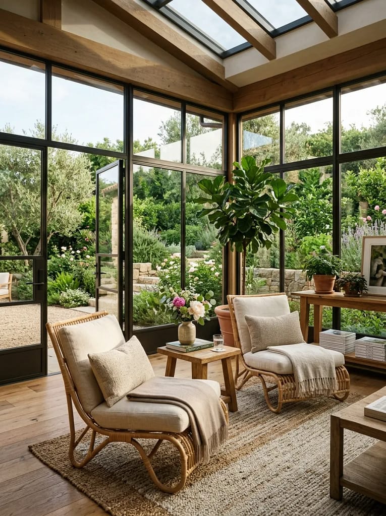 22 Cozy Sunroom Ideas for Bright Relaxing Spaces 2 Wicker Lounge Chairs