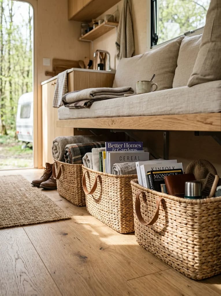 21 Camper Living Room Ideas for Cozy Tiny Interiors 21 Wicker Storage Basket