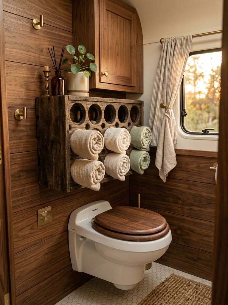 24 Camper Bathroom Storage Ideas for Small Spaces 16 Wine Rack Towel Holder
