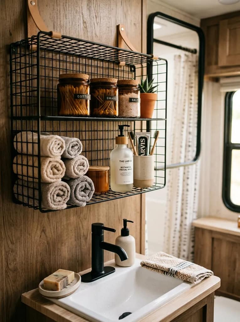 24 Camper Bathroom Storage Ideas for Small Spaces 14 Wire Basket Shelf