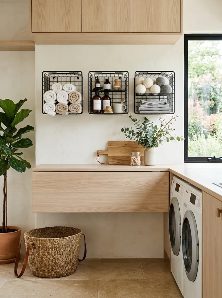 24 Laundry Room Storage Ideas to Maximize Every Inch 9 Wire Wall Baskets