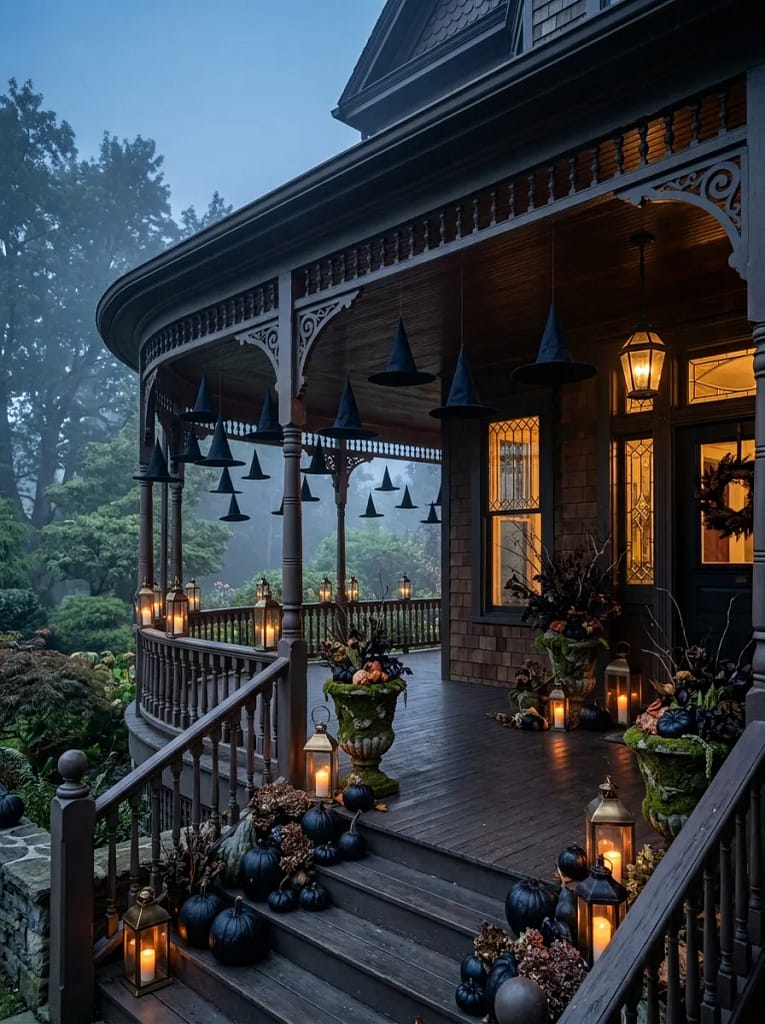 24 Witchcore Porch Ideas for Spooky Cozy Charm 17 Witch Hat Porch Display