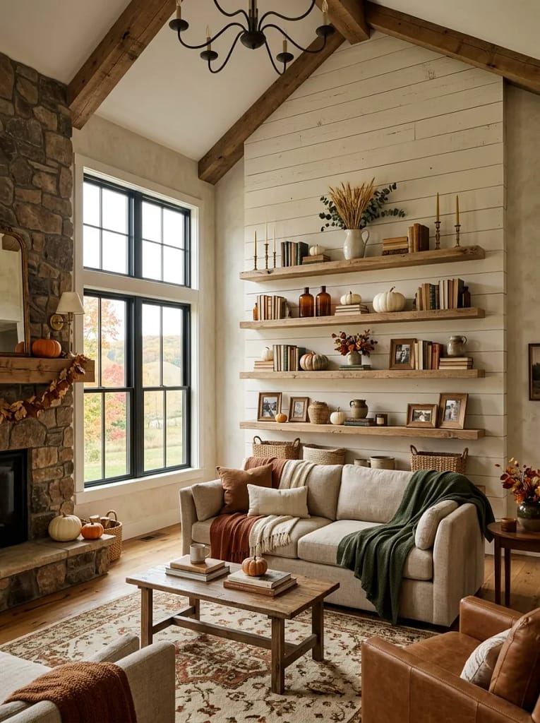 21 Farmhouse Fall Living Room Ideas Full of Warmth 8 Wood Floating Shelves
