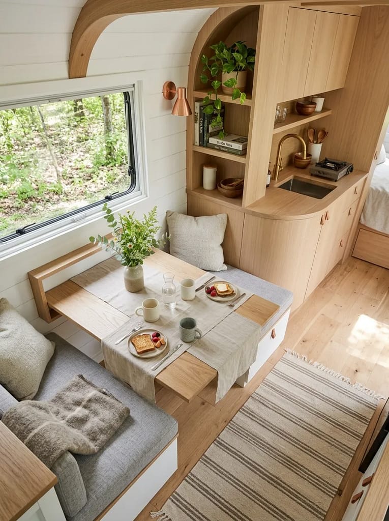 21 Camper Living Room Ideas for Cozy Tiny Interiors 5 Wood Fold-Down Table