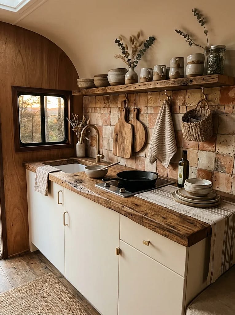 21 Boho Camper Interior Ideas for Cozy Tiny Living 5 Wooden Countertops