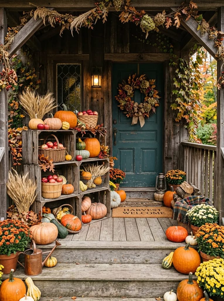 20 Maximalist Fall Porch Decor Ideas for Every Home 10 Wooden Crate Pumpkin Stand