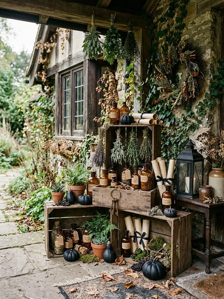 24 Witchcore Porch Ideas for Spooky Cozy Charm 20 Wooden Potion Crate Styling