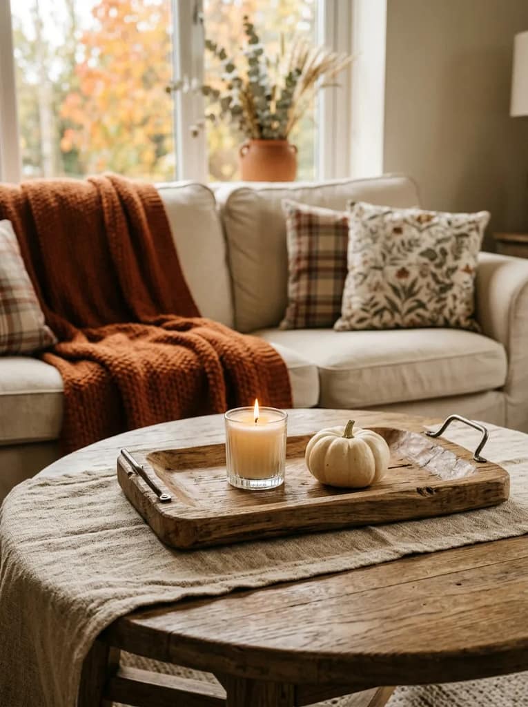 24 Fall Coffee Table Decor Ideas for Cozy Autumn Style 2 Wooden Tray Styling