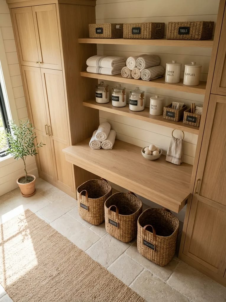 22 Laundry Room Decor Ideas for Stylish Small Spaces 4 Woven Basket Storage