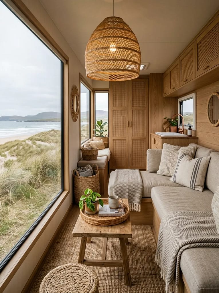 21 Camper Living Room Ideas for Cozy Tiny Interiors 7 Woven Rattan Accents