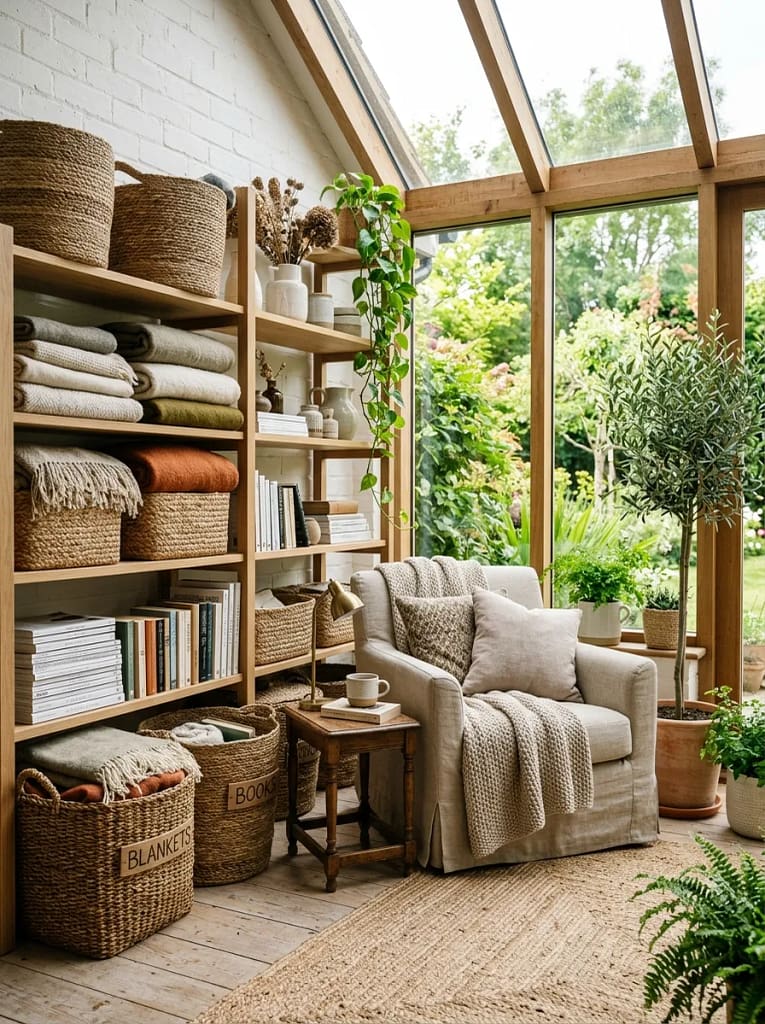 22 Cozy Sunroom Ideas for Bright Relaxing Spaces 18 Woven Storage Baskets