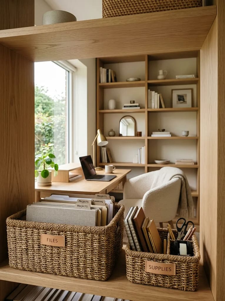 20 Home Office Decor Ideas for Productive Workspaces 8 Woven Storage Baskets