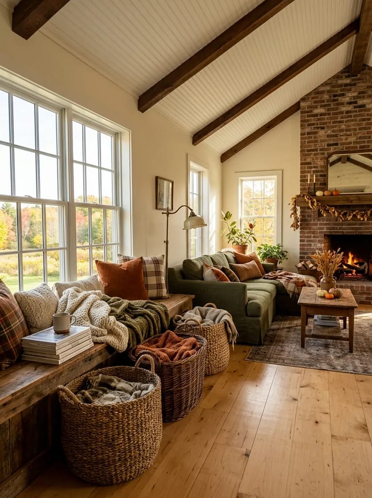 21 Farmhouse Fall Living Room Ideas Full of Warmth 11 Woven Storage Baskets