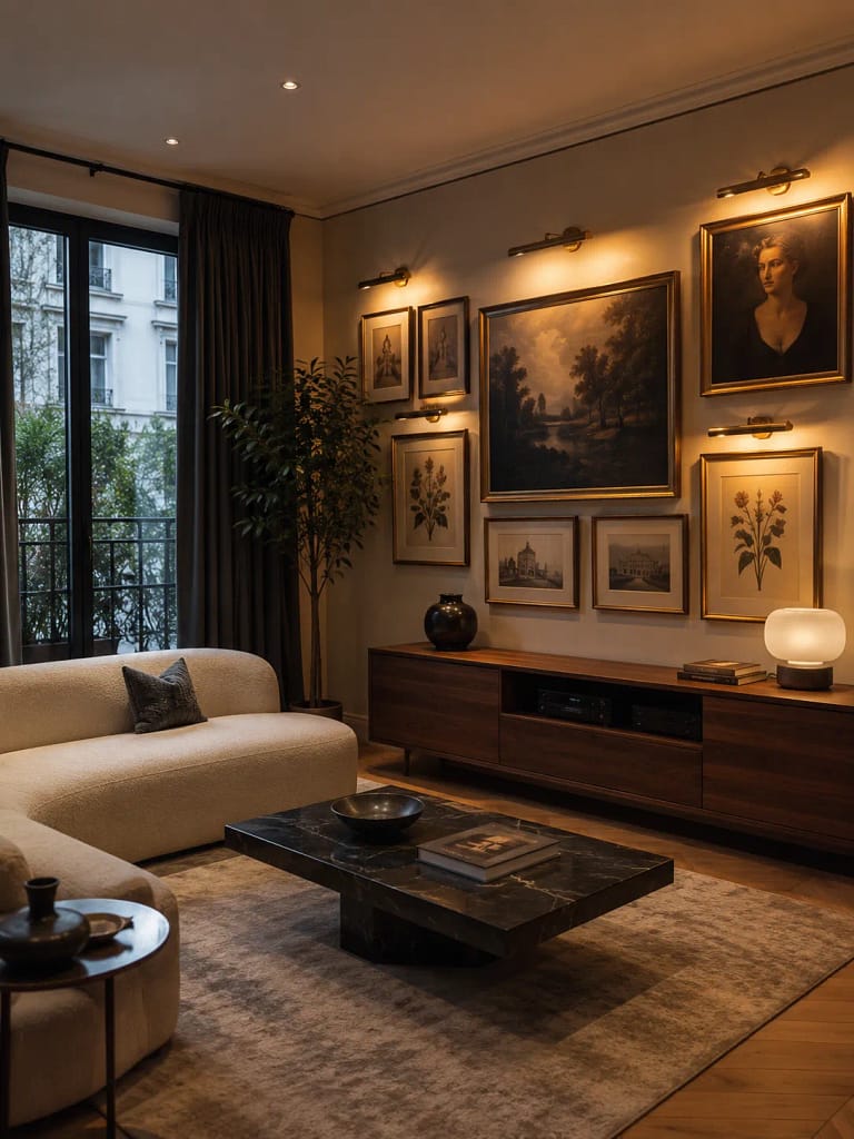 24 Dark Academia Living Room Ideas Full of Charm 21 Brass Picture Lights