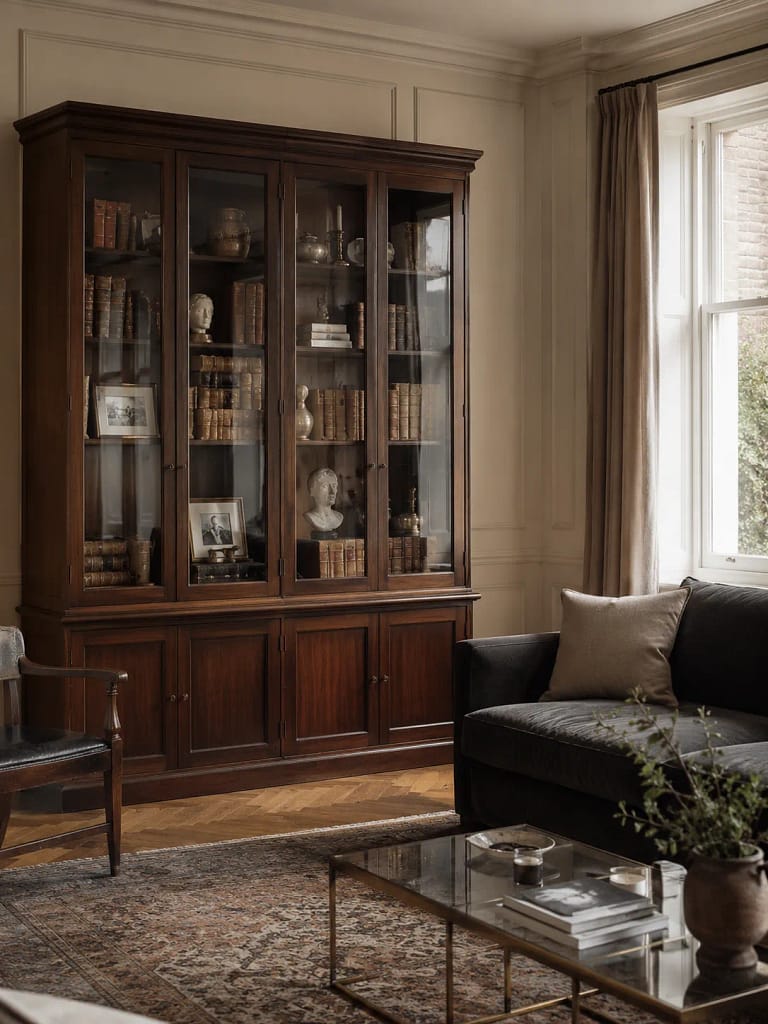 24 Dark Academia Living Room Ideas Full of Charm 20 Glass-Front Book Cabinet