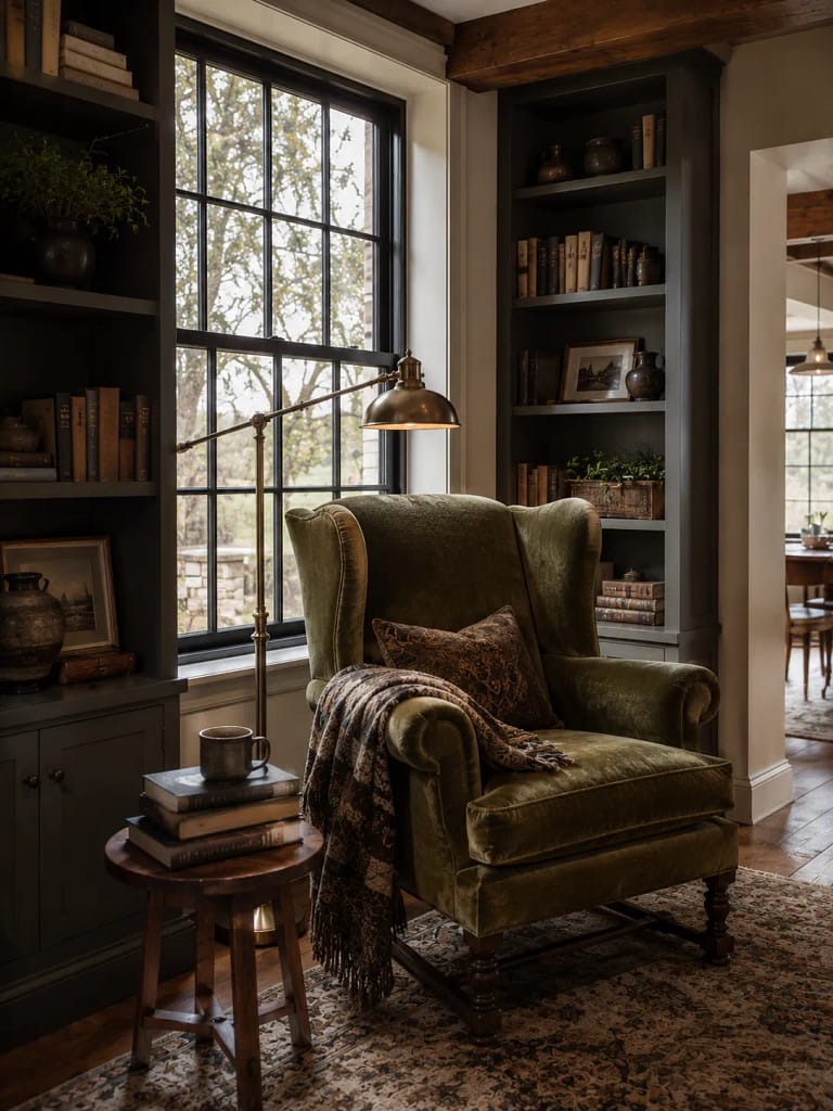 24 Dark Academia Living Room Ideas Full of Charm 24 Reading Corner with Wingback Chair