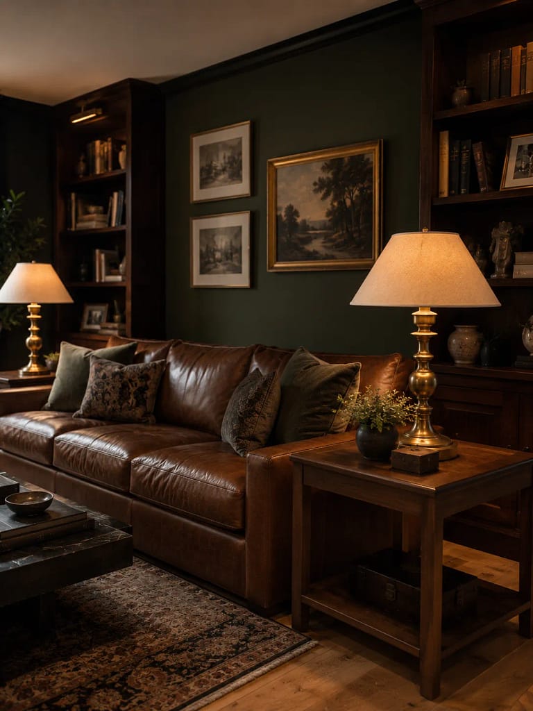 24 Dark Academia Living Room Ideas Full of Charm 23 Warm Brass Table Lamps